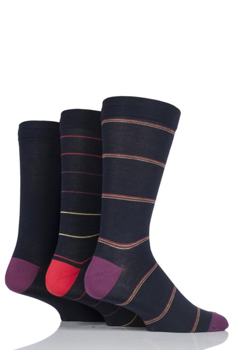 Mens 3 Pair SOCKSHOP Comfort Cuff Gentle Bamboo Striped Socks with Smooth Toe Seams